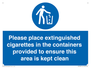 Please place extinguished cigarettes in the containers provided to ensure this area is kept clean